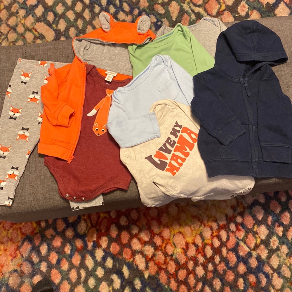 6/9 months Fall Baby Bundle including Fox hoodie/onesie set